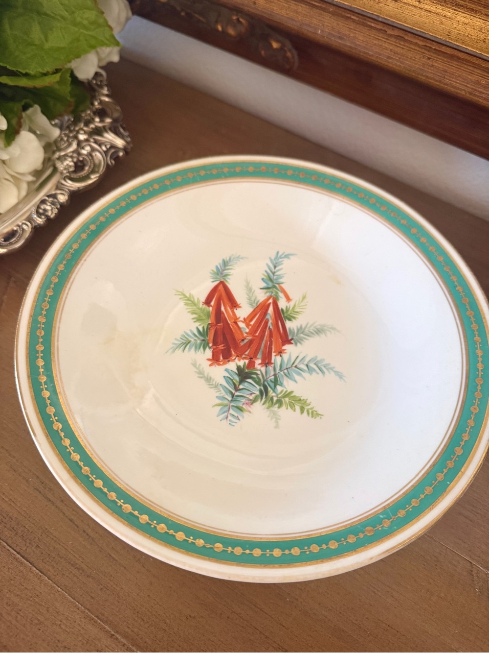Antique Porcelain Pedestal Compote Bowl Turquoise Gold Floral 9.25”